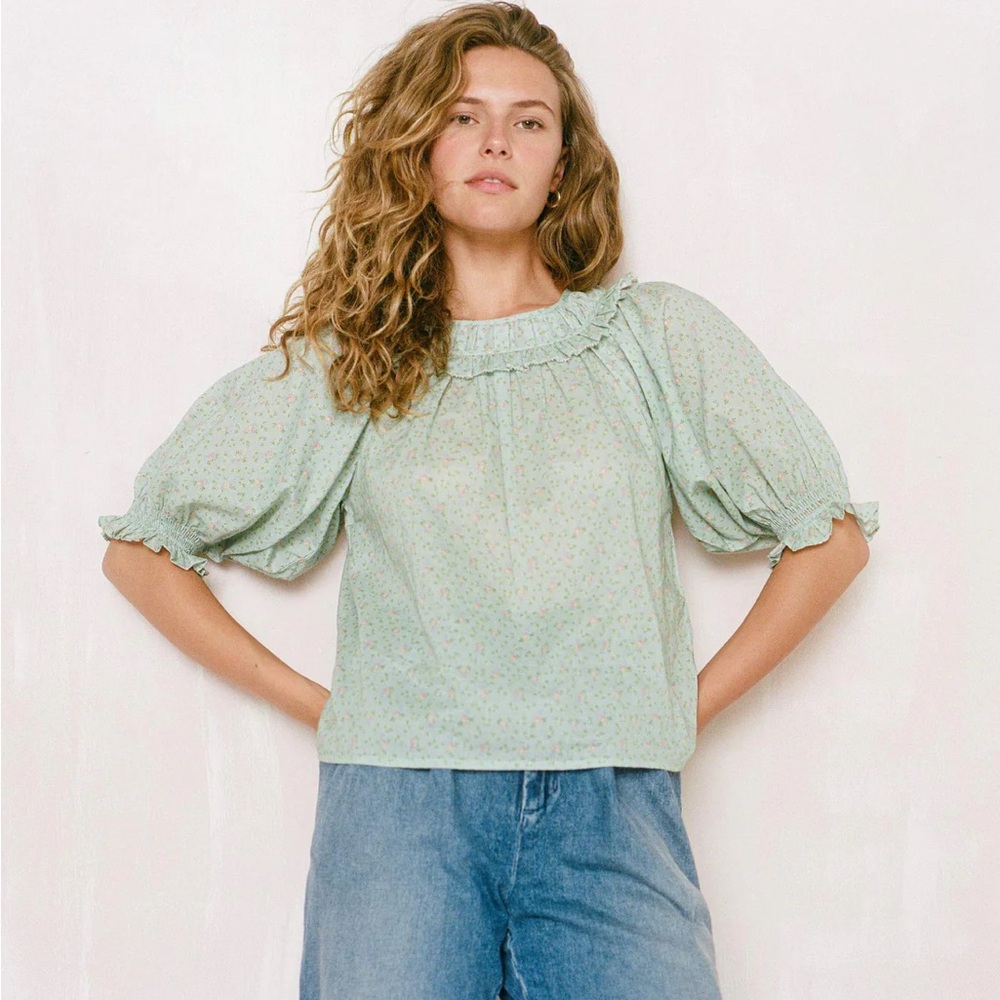 Christy Dawn Suraya Blouse Ditsy Teal Small Puff sleeve boho cotton floral blue